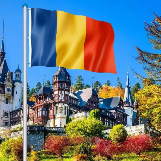 Stalp pentru steag, cu drapelul Romaniei cu doua fete de 90x150 cm