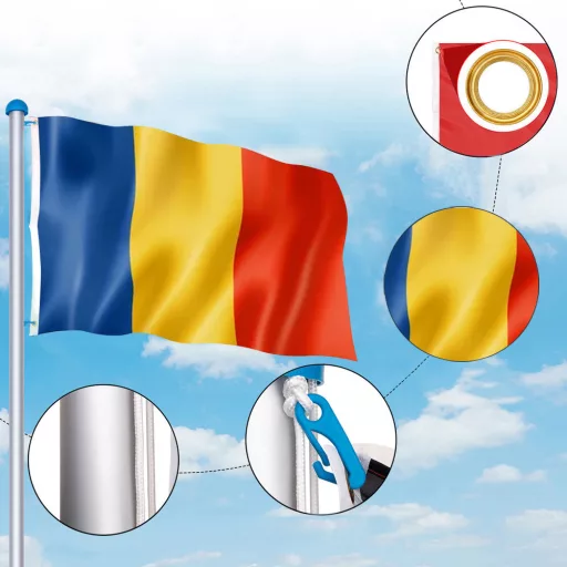 Stalp pentru steag, cu drapelul Romaniei cu doua fete de 90x150 cm