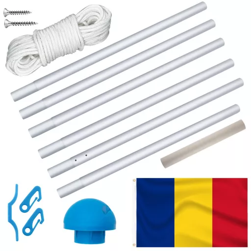 Stalp pentru steag, cu drapelul Romaniei cu doua fete de 90x150 cm