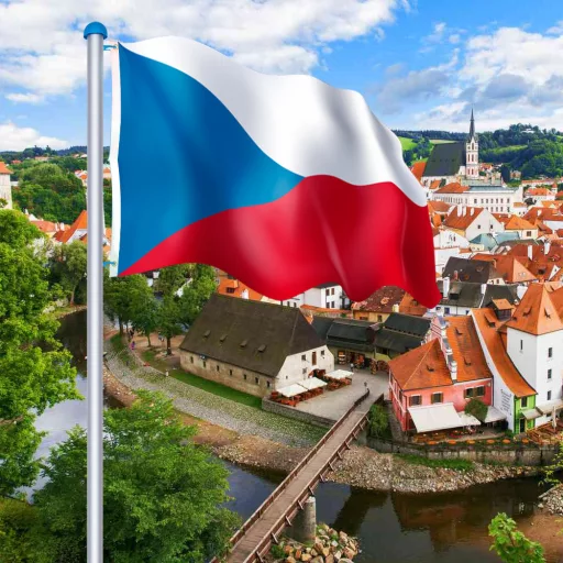 Stalp pentru steag, cu drapelul Cehiei cu doua fete de 90x150 cm