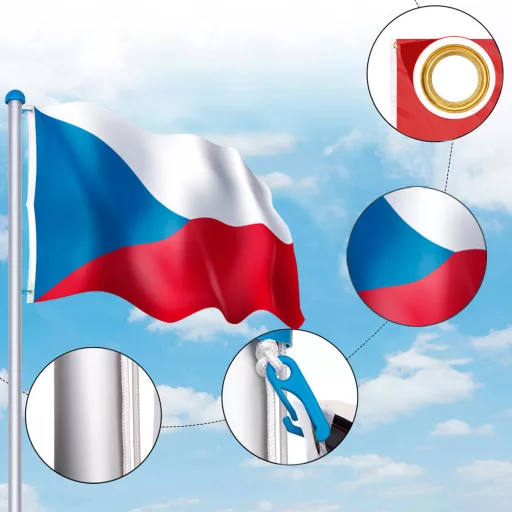 Stalp pentru steag, cu drapelul Cehiei cu doua fete de 90x150 cm