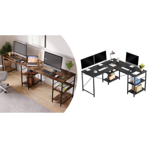 Birou in forma de L, cu rafturi, transformabil, negru