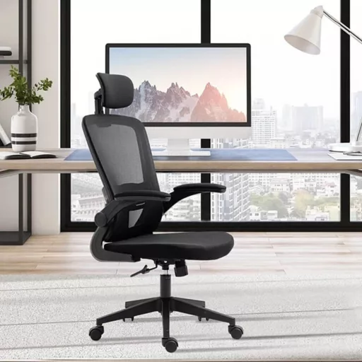 Scaun de birou ergonomic cu suport lombar si tetiera, negru