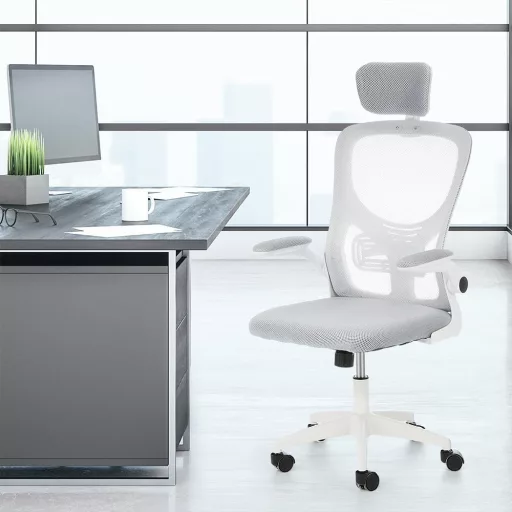Scaun de birou ergonomic cu suport lombar si tetiera, gri