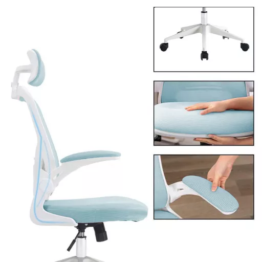 Scaun de birou ergonomic cu suport lombar si tetiera, albastru deschis