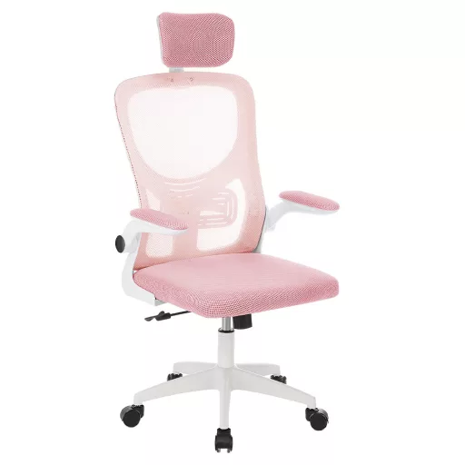 Scaun de birou ergonomic cu suport lombar si tetiera, roz