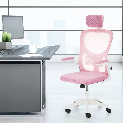 Scaun de birou ergonomic cu suport lombar si tetiera, roz