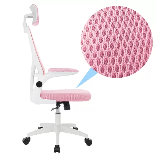 Scaun de birou ergonomic cu suport lombar si tetiera, roz