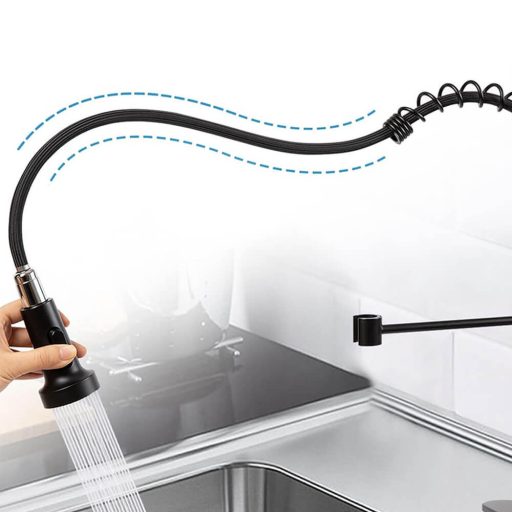 Baterie pentru chiuveta cu teava flexibila si cap de dus detasabil, negru