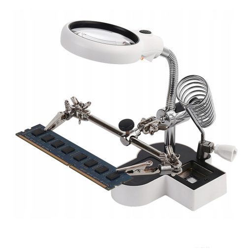 Suport pentru panou (a treia mână) cu lupă LED, 2 cleme și suport pentru fier de lipit