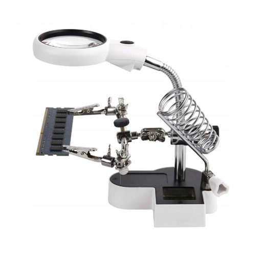Suport pentru panou (a treia mână) cu lupă LED, 2 cleme și suport pentru fier de lipit