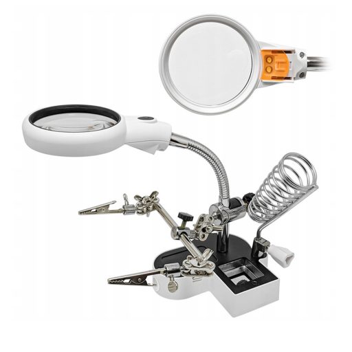Suport pentru panou (a treia mână) cu lupă LED, 2 cleme și suport pentru fier de lipit