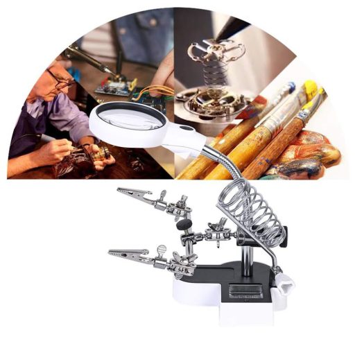 Suport pentru panou (a treia mână) cu lupă LED, 2 cleme și suport pentru fier de lipit