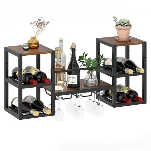 Suport metalic de perete pentru sticle de vin cu suport pentru pahare