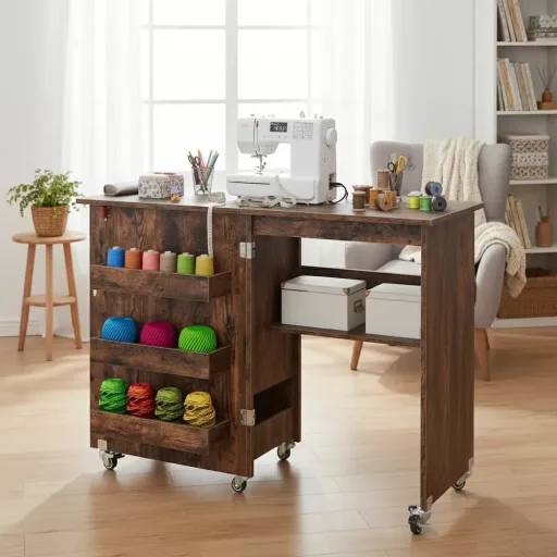 Masă pliabilă pentru mașină de cusut, maro rustic