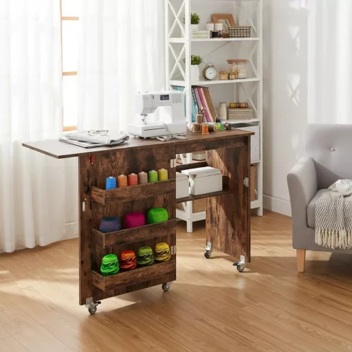 Masă pliabilă pentru mașină de cusut, maro rustic