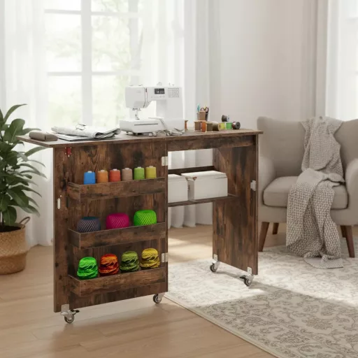 Masă pliabilă pentru mașină de cusut, maro rustic