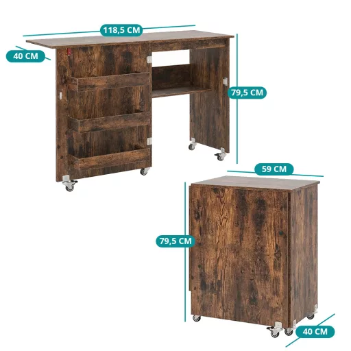 Masă pliabilă pentru mașină de cusut, maro rustic