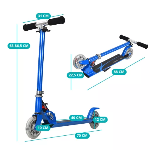 Trotinetă pliabilă din aluminiu cu roți LED albastră