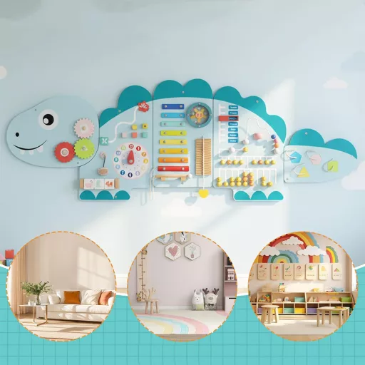 Tablă interactivă pentru copii albastră cu dinozaur