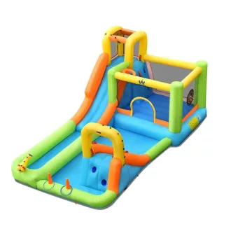   Tobogan Inflatable cu Perete de Escaladă, Coș de Baschet, Ventilator, 680W