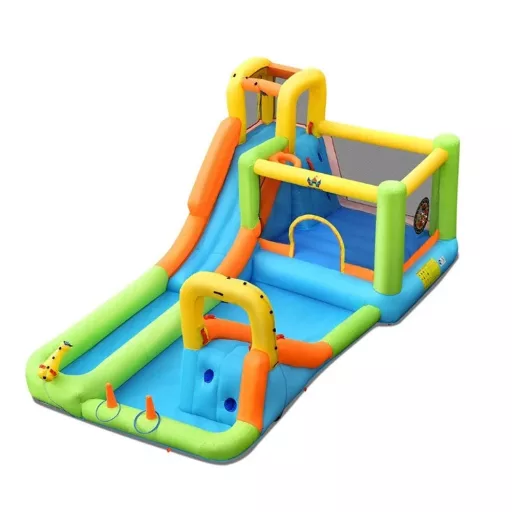 Tobogan Inflatable cu Perete de Escaladă, Coș de Baschet, Ventilator, 680W