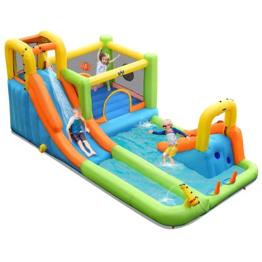 Tobogan Inflatable cu Perete de Escaladă, Coș de Baschet, Ventilator, 680W