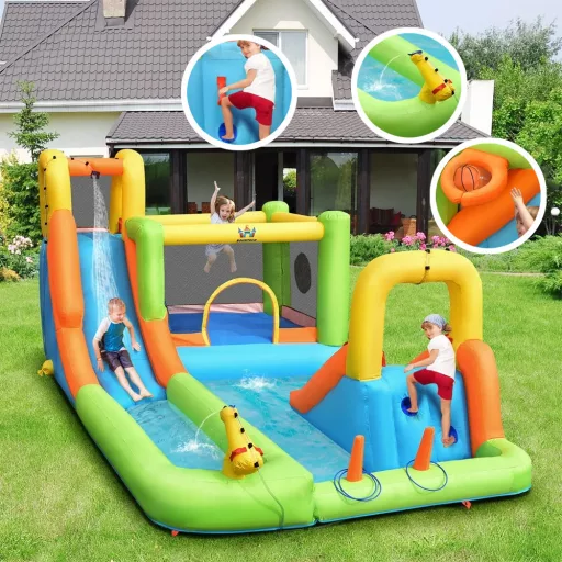 Tobogan Inflatable cu Perete de Escaladă, Coș de Baschet, Ventilator, 680W