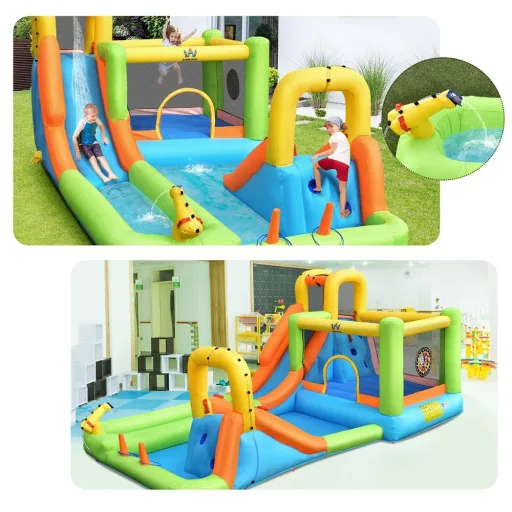Tobogan Inflatable cu Perete de Escaladă, Coș de Baschet, Ventilator, 680W
