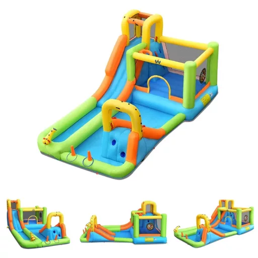 Tobogan Inflatable cu Perete de Escaladă, Coș de Baschet, Ventilator, 680W