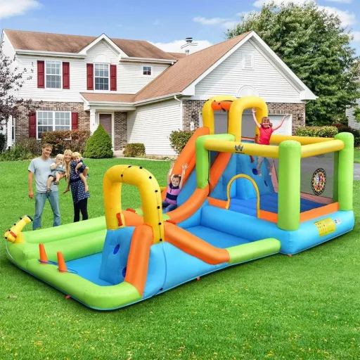 Tobogan Inflatable cu Perete de Escaladă, Coș de Baschet, Ventilator, 680W