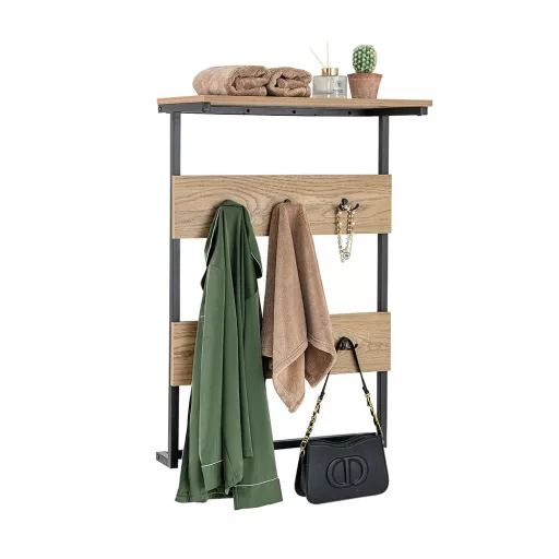 Suport de perete cu 6 cârlige și raft, natur