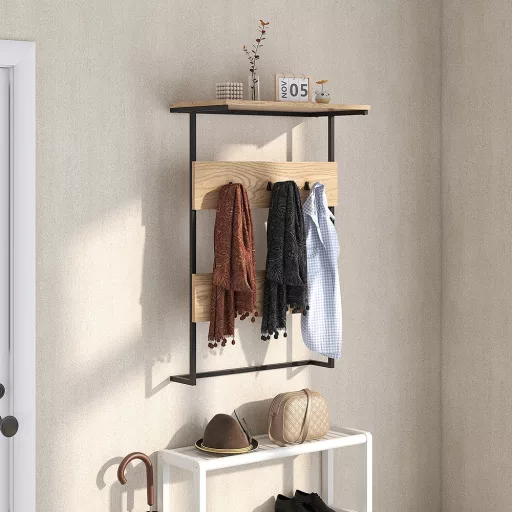 Suport de perete cu 6 cârlige și raft, natur