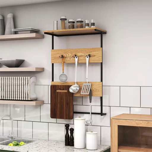 Suport de perete cu 6 cârlige și raft, natur