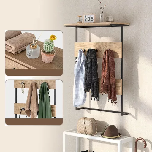 Suport de perete cu 6 cârlige și raft, natur