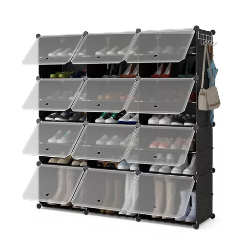 Organizator de încălțăminte din plastic cu 12 compartimente și cârlige laterale