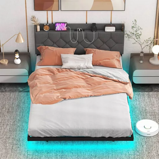 Cadru de pat metalic cu iluminare LED și stație de încărcare