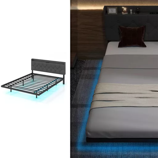 Cadru de pat metalic cu iluminare LED și stație de încărcare