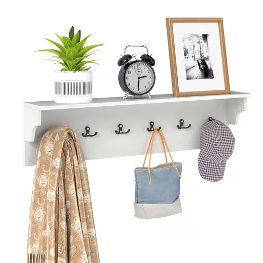 Raft de perete cu 6 cârlige, alb