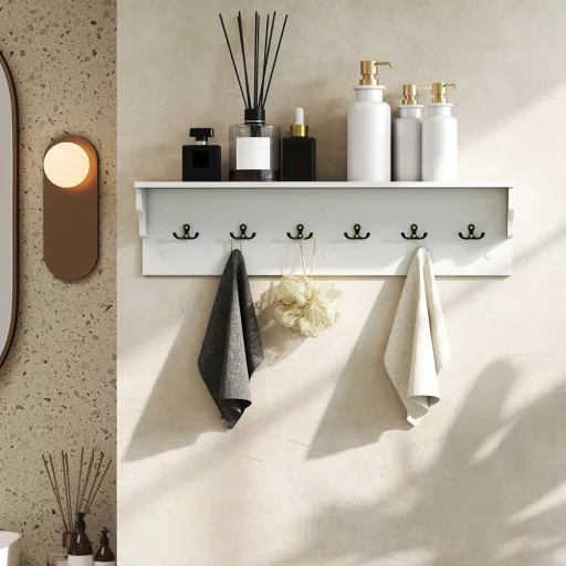 Raft de perete cu 6 cârlige, alb