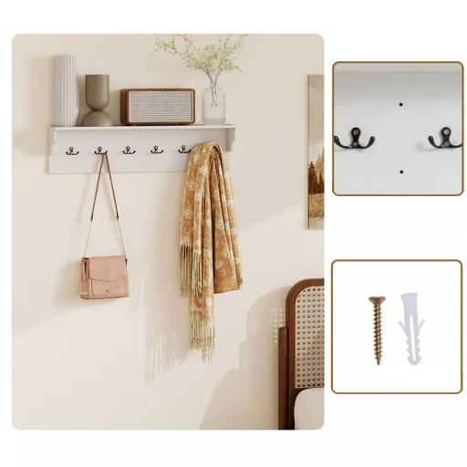 Raft de perete cu 6 cârlige, alb