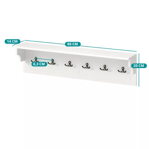 Raft de perete cu 6 cârlige, alb