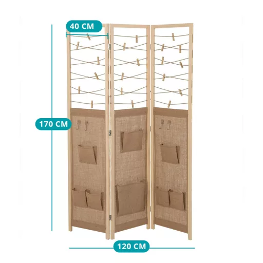 Paravan cu 3 panouri, 8 buzunare de depozitare și 4 cârlige, natural