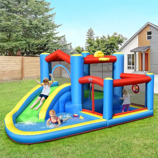 Parc Acvatic Inflatable cu Tobogan, Trambulină și Piscină