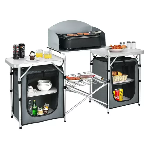 Bucătărie de camping pliabilă cu sistem de depozitare