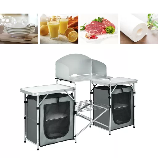 Bucătărie de camping pliabilă cu sistem de depozitare