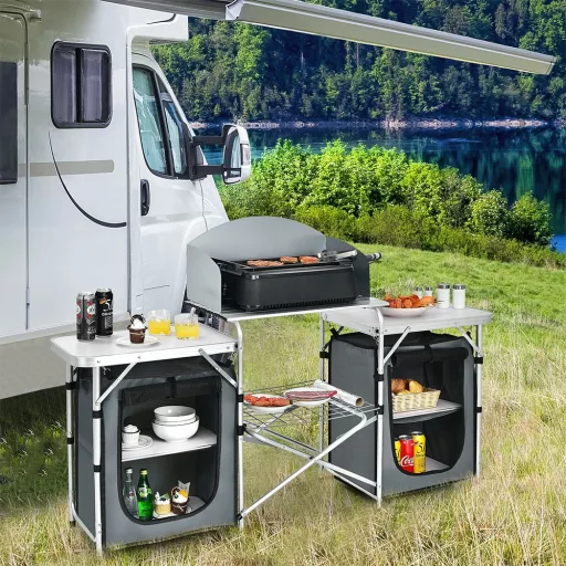 Bucătărie de camping pliabilă cu sistem de depozitare