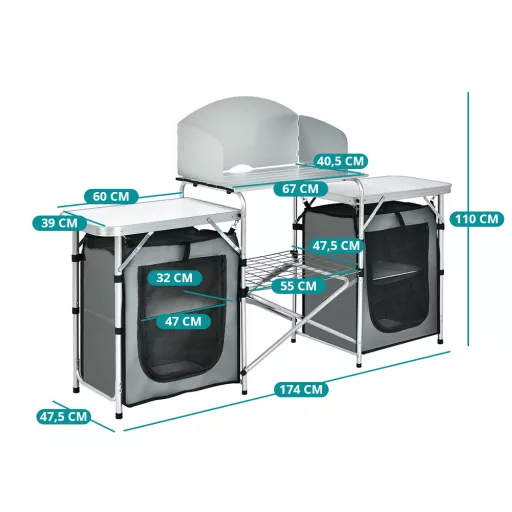 Bucătărie de camping pliabilă cu sistem de depozitare