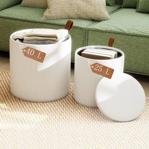 Set 2 pufuri cu spațiu de depozitare, crem