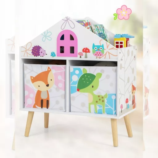 Raftă pentru cărți în formă de casă cu 2 cutii de depozitare